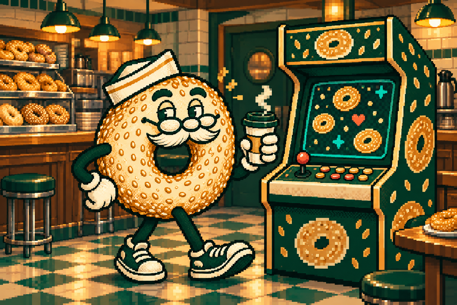 Pixel-Art Goldy With Coffee Beside An Arcade Cabinet