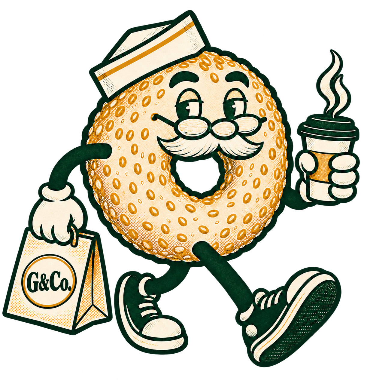 Goldy Wears His Paper Deli Cap And Glasses, With A Cream Moustache And Open Bagel Center.
