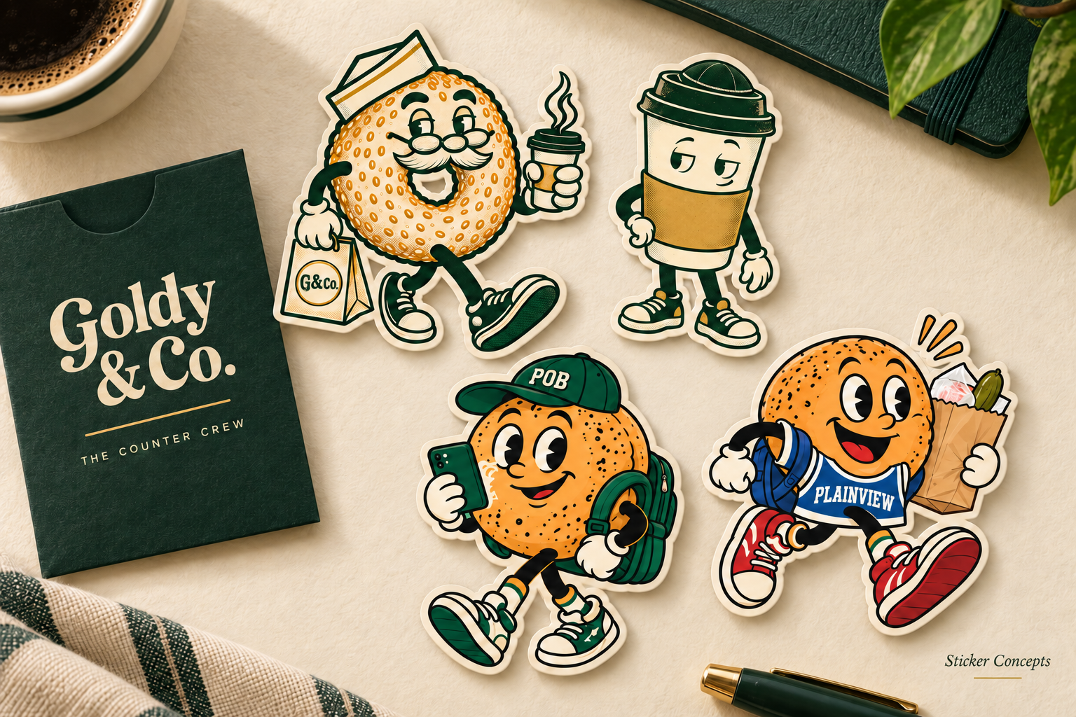 Four Die-Cut Sticker Concepts Of Goldy, Meyers, Ace And Dash Beside A Goldy And Co. Paper Sleeve