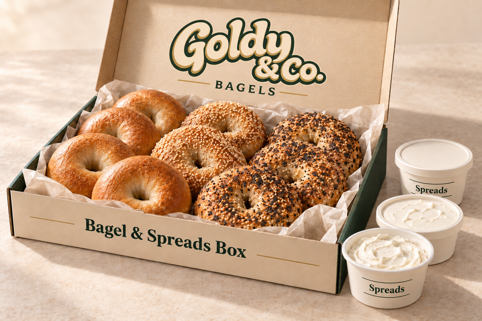 Goldy And Co. Bagels Breakfast Box Packaging Concept With Bagels And Cream Cheese